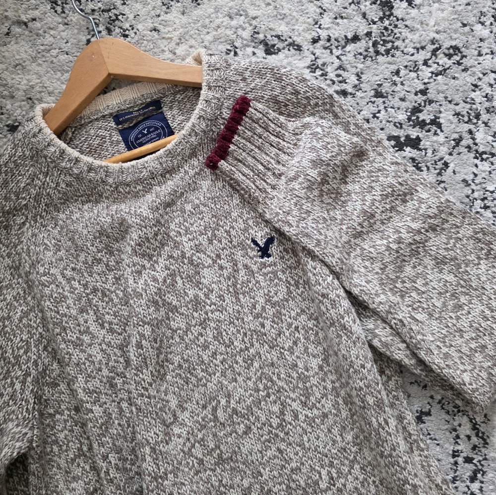 American Eagle Knit Crewneck Sweater Mens L Cream Maroon (Almost Y2k)